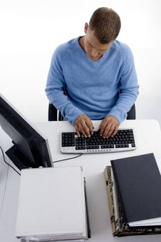 high angle view of working man on computer against white background