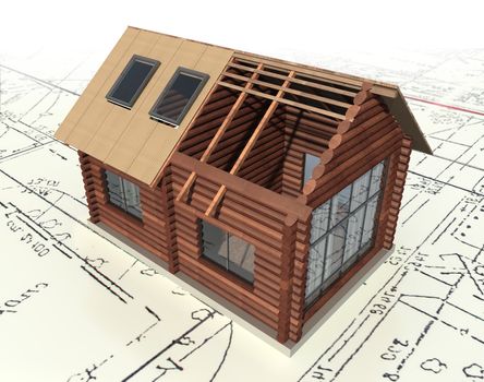 Wooden log house on the master plan. 3d model isolated on a white background.