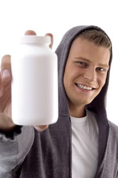close up of man with vitamins bottle with white background