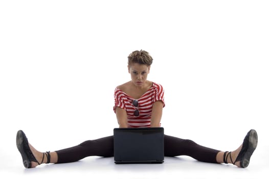 posing woman with laptop on white background