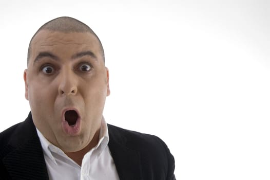 portrait of shocked businessman on an isolated white background