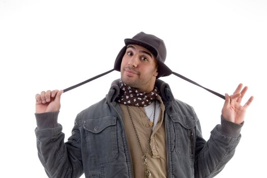 young man wearing winter jacket on an isolated white background