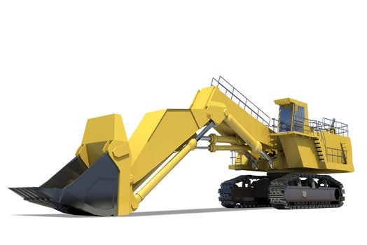 Heavy equipment. Excavator with bucket on a white background.