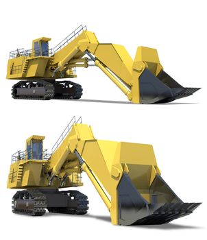 Heavy equipment. Excavator with bucket on a white background.