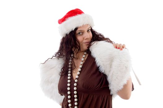 young female in christmas hat on an isolated white background