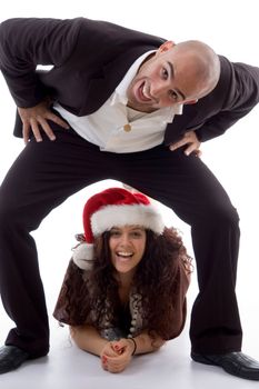 funky pose of young couple on an isolated white background