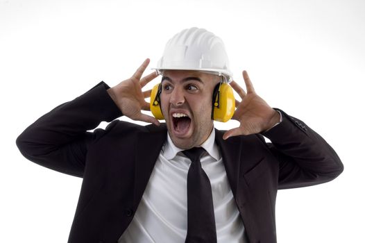 engineer wearing earplugs on an isolated background