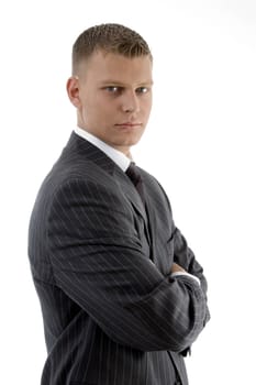 side view of young boss on an isolated white background