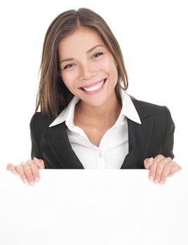 Business woman showing blank sign board. Asian busineeswoman in suit presenting billboard isolated on white background. Young Asian / Caucasian female model. 