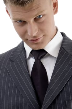 close view of handsome young businessman on an isolated white background