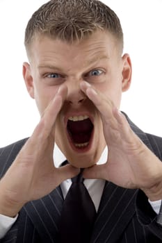 portrait of shouting young manager against white background