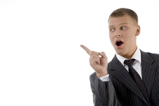 adult boss looking sideways on an isolated white background