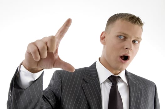 accountant showing measuring gesture with white background