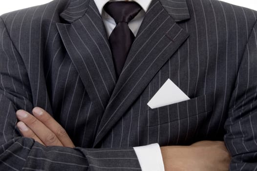 folded hand of businessman with white background