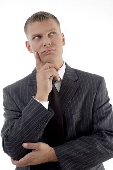thinking businessman looking upward with white background