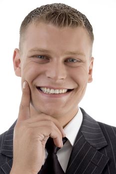cheerful face of young businessman on an isolated white background