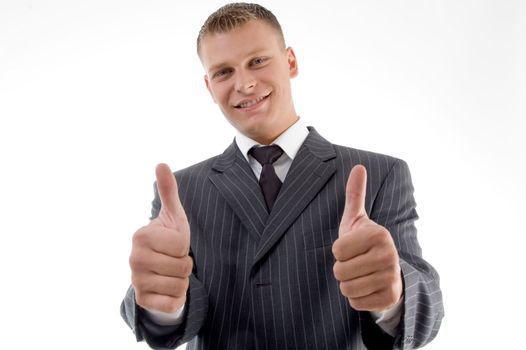 happy executive with thumbs up on an isolated white background