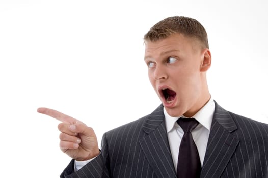 portrait of indicating businessman on an isolated white background