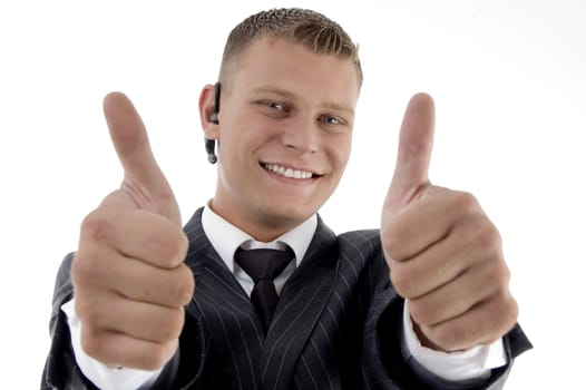 successful executive with thumbs up hand gesture on an isolated background