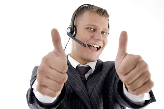 young businessman showing thumbs up with white background