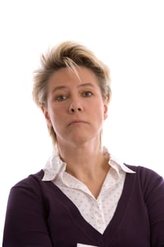 Blond mature woman looking very serious on white background