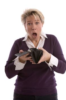 Woman looking very shocked while holding open her wallet