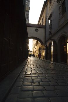 A small moody dark street in Prague, Czech Republic.