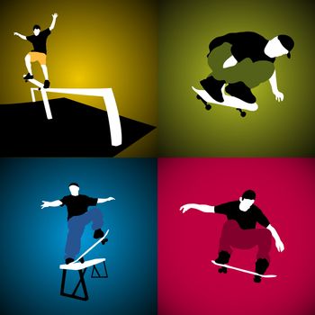 Four vector silhouettes of skateboarders on a curb.