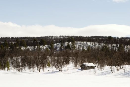 A cabin on a snow filled landscape.