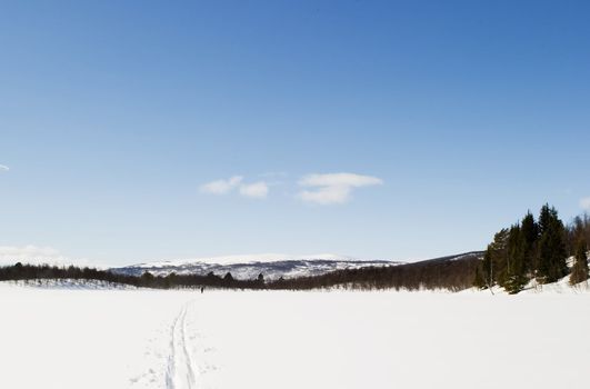 A frozen lake covered in snow.