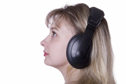 girl  head with earphones Listening to Music Operator of technical support