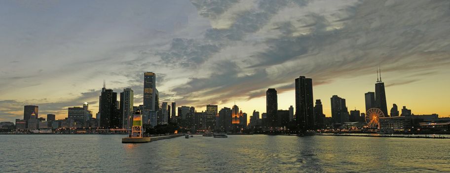 Chicago Skyline from Michigan Lake at Sunset