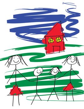 A child like drawing of a gay female pair of women with two children and a house.  The image is in eps vector format.