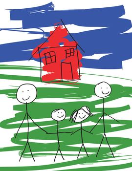 A child-like drawing of a pair of gay males, and their kids.  Vector drawing in eps format.