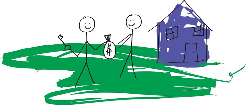 A child like drawing in vector format of a stick man selling a house to another.  Would also work for renting concept.