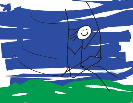 A vector image of a child like drawing of a little boy or girl on a swing.