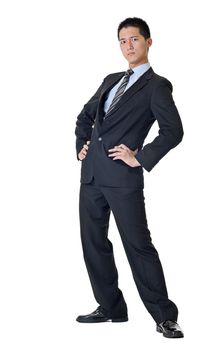 Full length of a handsome business man of Asian standing with funny pose against white.