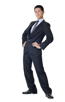 Full length of a handsome business man of Asian standing with funny pose against white.