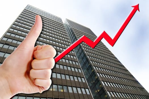 A thumbs up with a graph line going up and up, with a tall business building in the background.  Success in Business.
