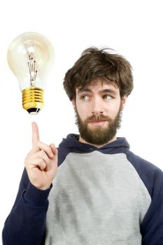 A young humorous bearded male, with a good idea.