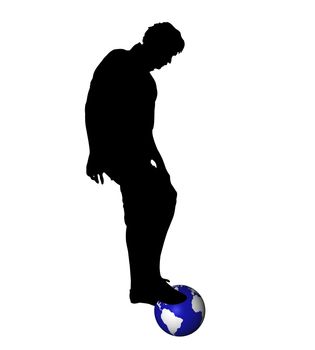 Black silhouette of football player with foot on world