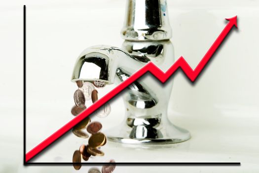 Money flowing out of a retro bathroom tap with a graph going up overlayed