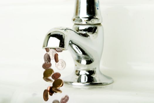 Money flowing out of a retro bathroom tap.