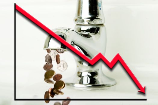 Money flowing out of a retro bathroom tap with a graph going down overlayed