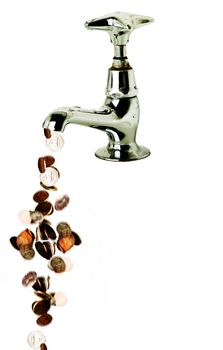 Money flowing out of a retro tap, isolated over white