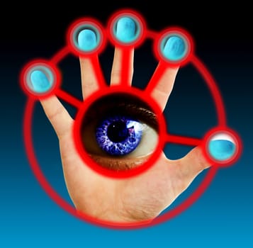 Fingers being scanned for their fingerprints and eye scan. Security concept image.