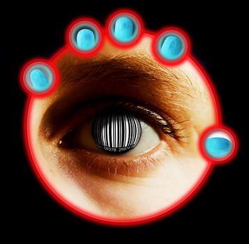 An eye detail concept image with a bar code for the iris and pupil.