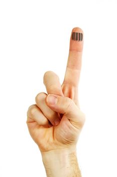 A single finger being held in the air on a mans hand with a bar code on the tip