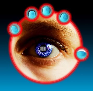 Fingers being scanned for their fingerprints and eye scan while a bar code is located in the pupil of the eye. Security concept image.
