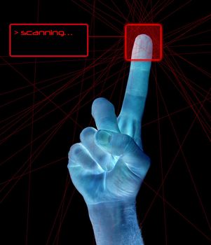 A single finger being held in the air on a mans hand being scanned for identity.